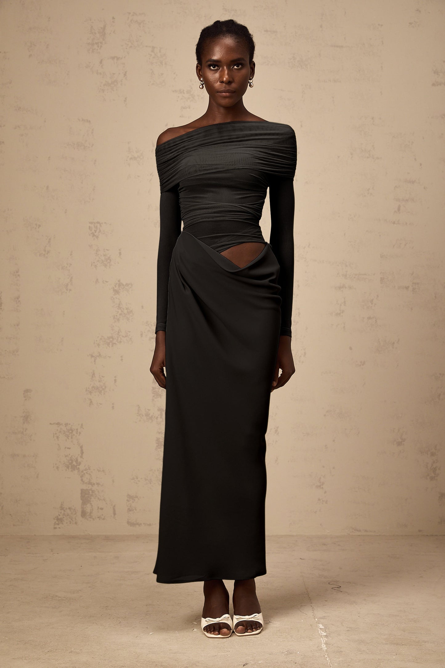 Estelle off-shoulder semi-sheer midi dress in Black