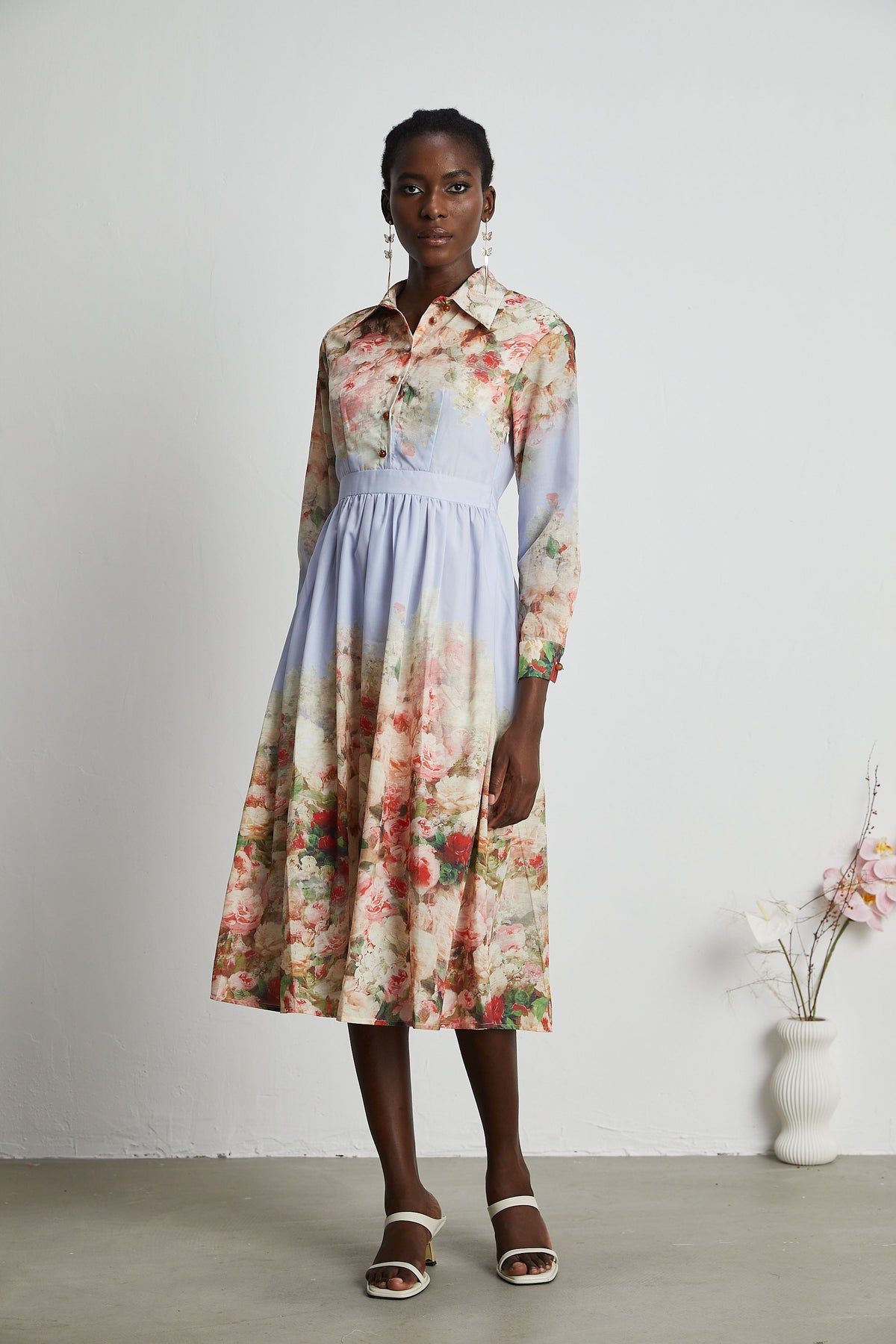 Sylvie floral-print pleated long sleeve midi dress
