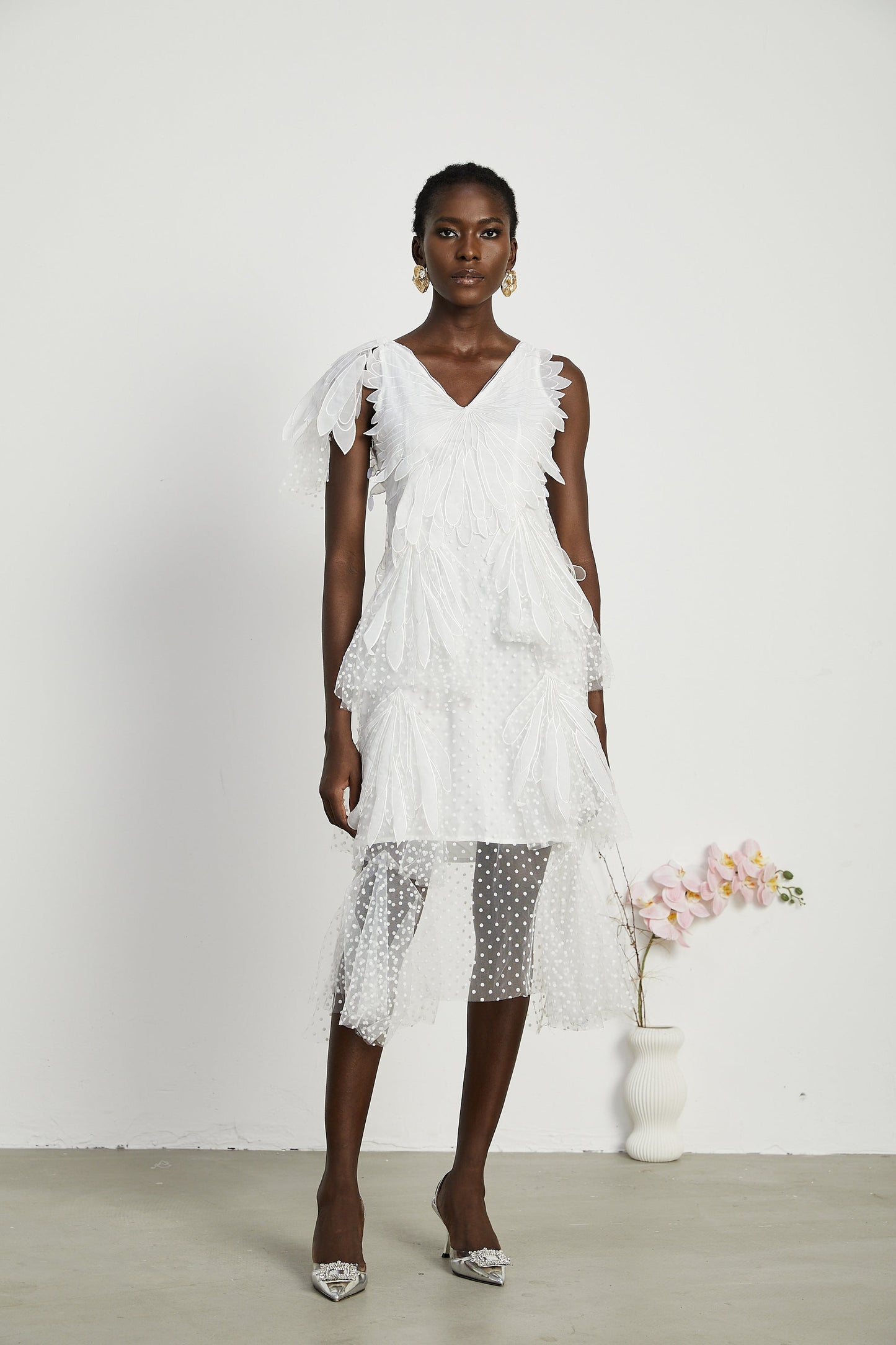 Solène faux-feather pleated midi dress