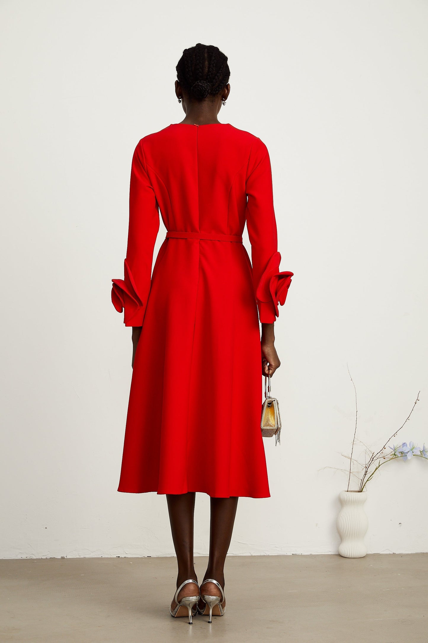 Elysia floral-embellished red long-sleeve dress