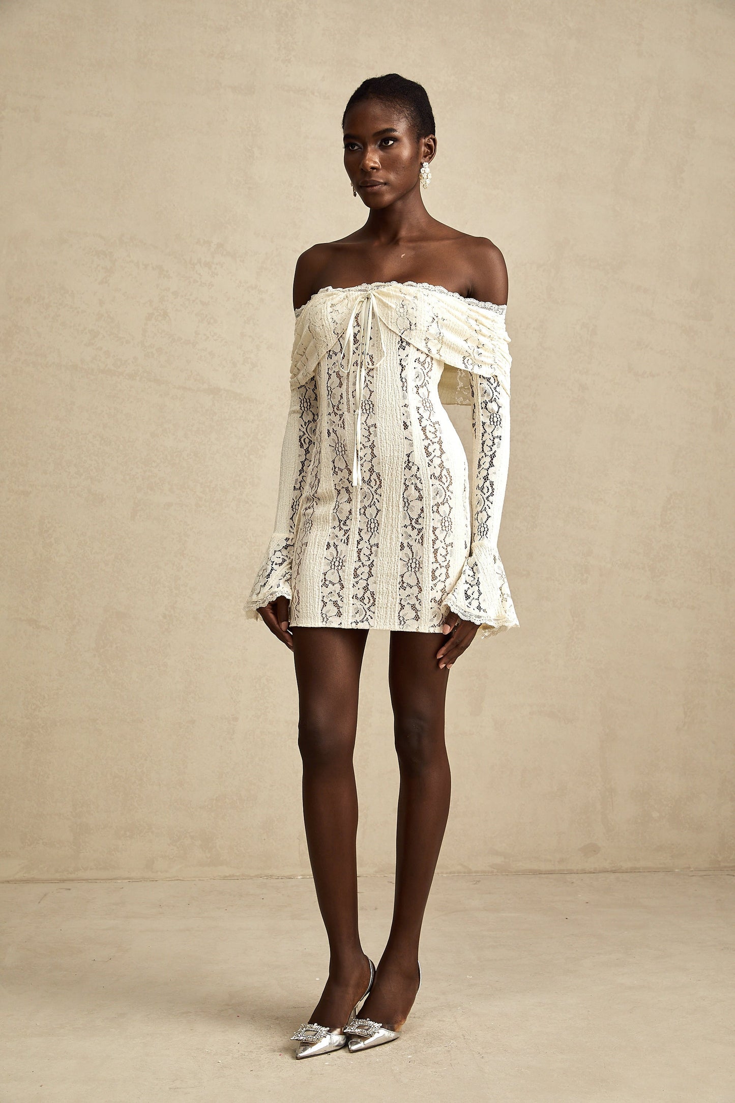 Émeline floral lace flared-cuff mini dress in Neutrals