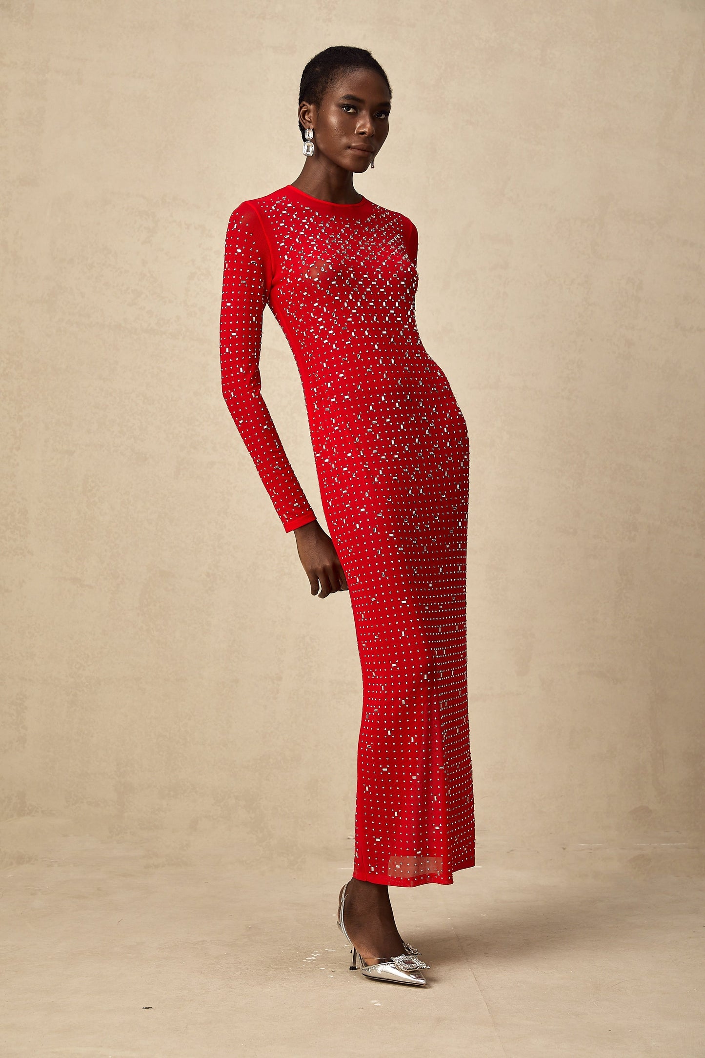 Ghislaine red rhinestone tulle maxi dress