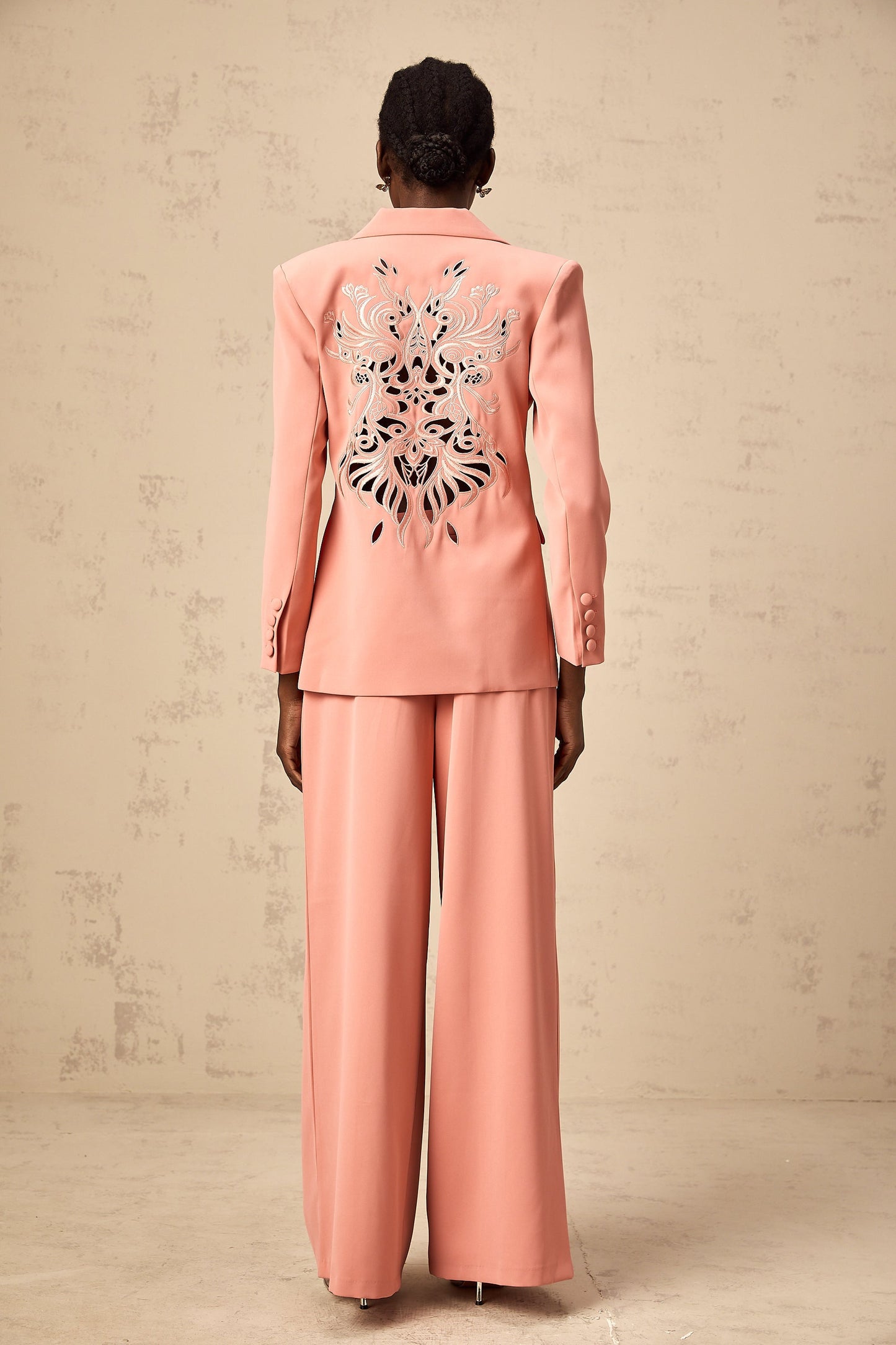 Zoé pink embroidery cut-out blazer & trousers matching set