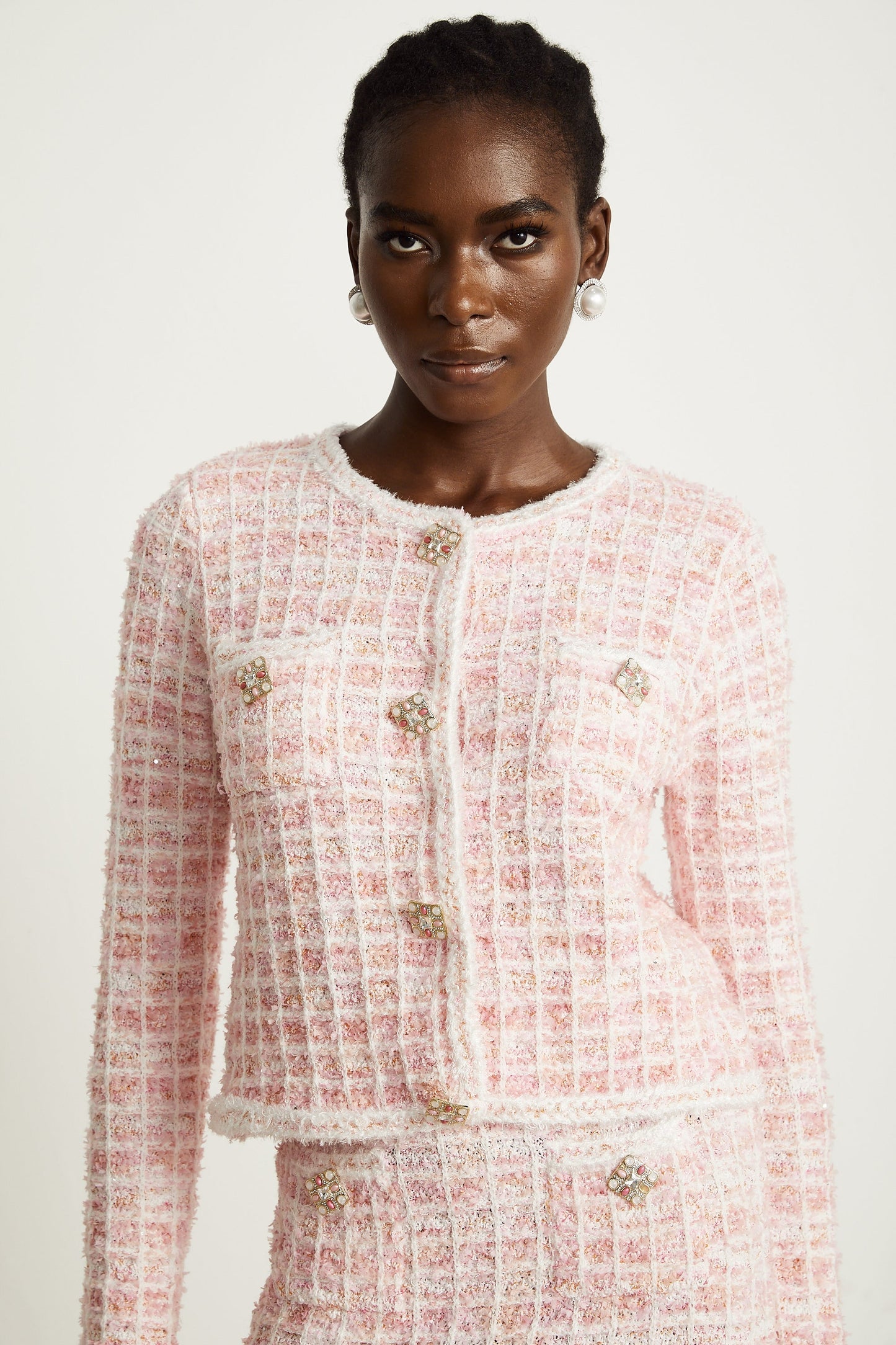 Capucine light pink check-pattern cardigan & skirt matching set