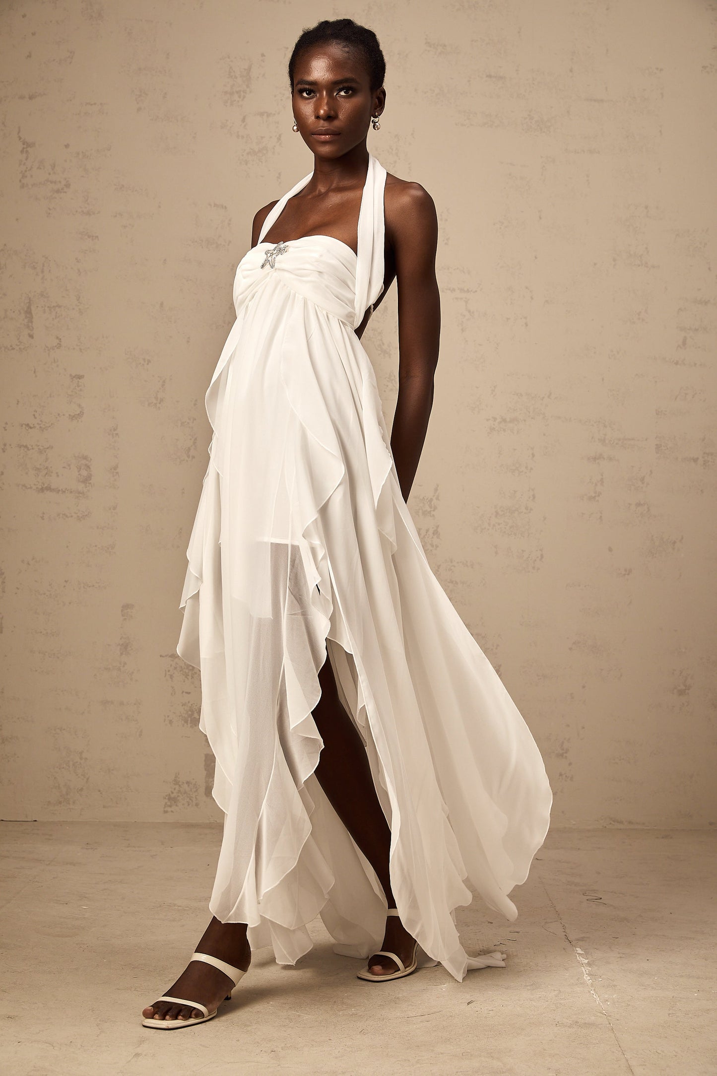 Mariah white chiffon ruffle halter neck maxi dress