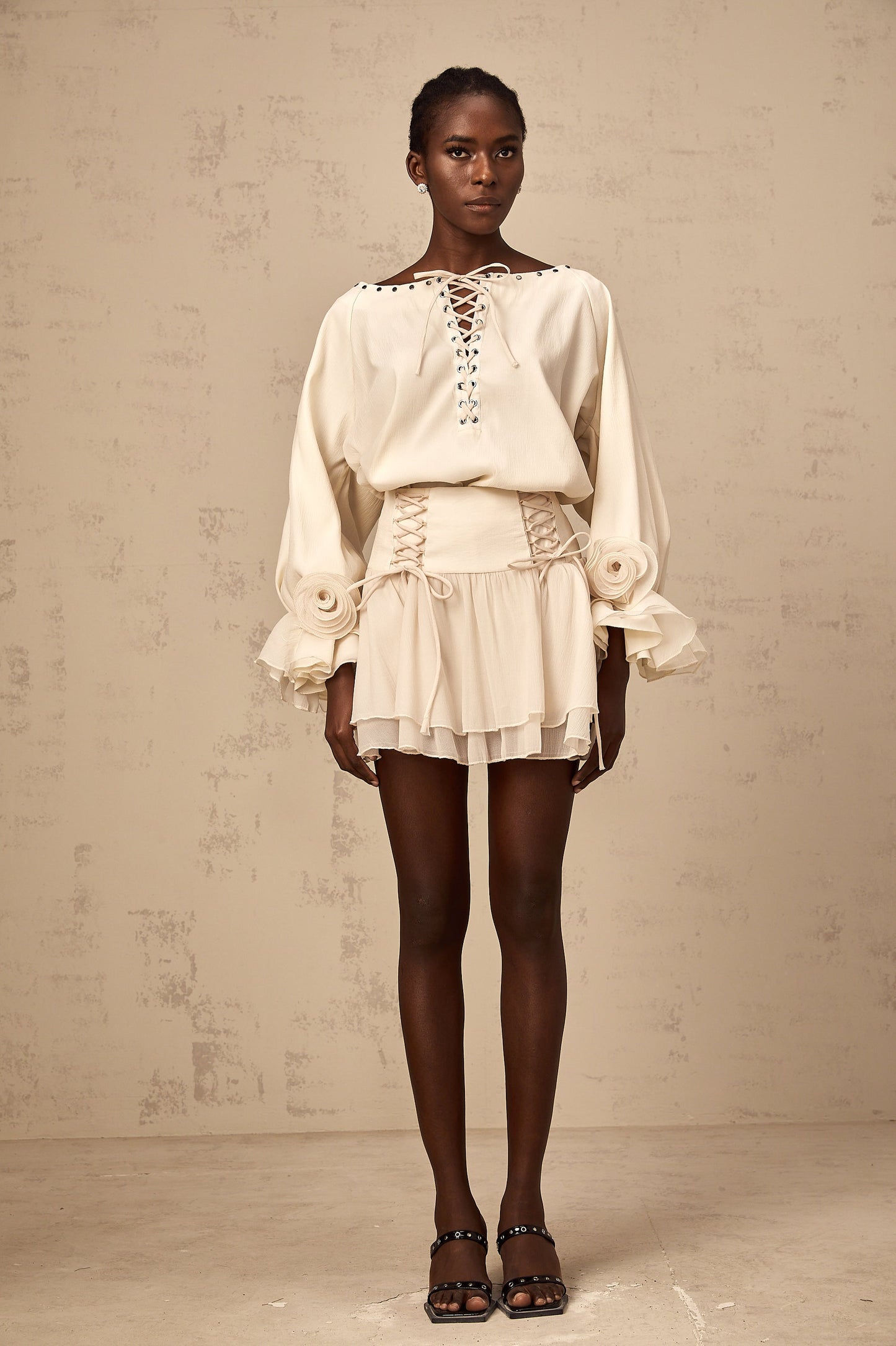 Perrine self-tie ruffled blouse & skirt matching set