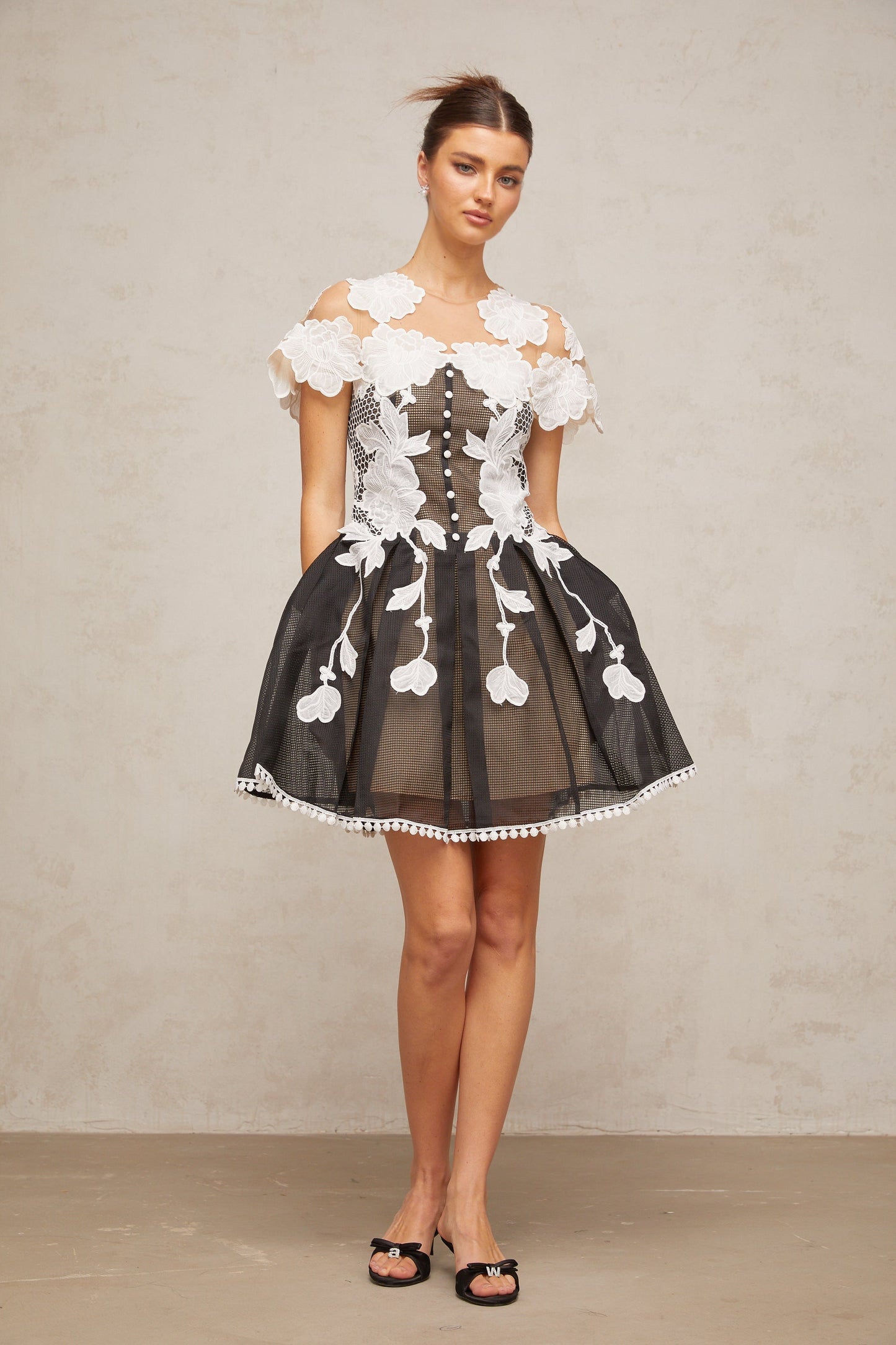 Sandrine color-blocked floral-embroidery mini dress