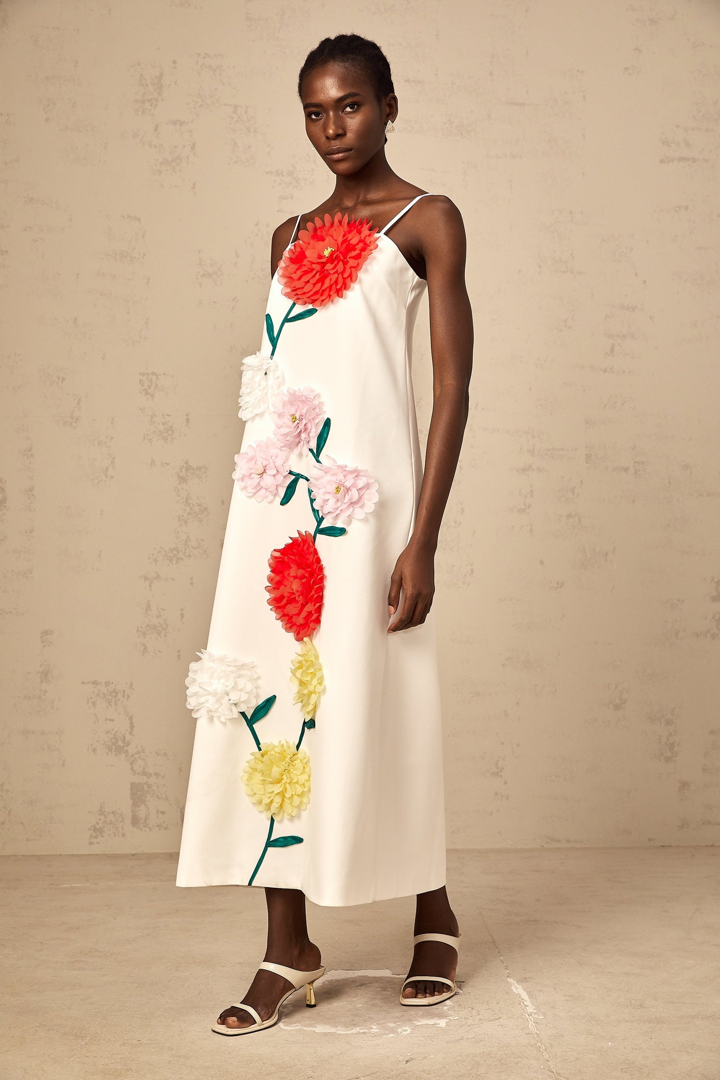 Véronique white 3d-petal sleeveless midi dress