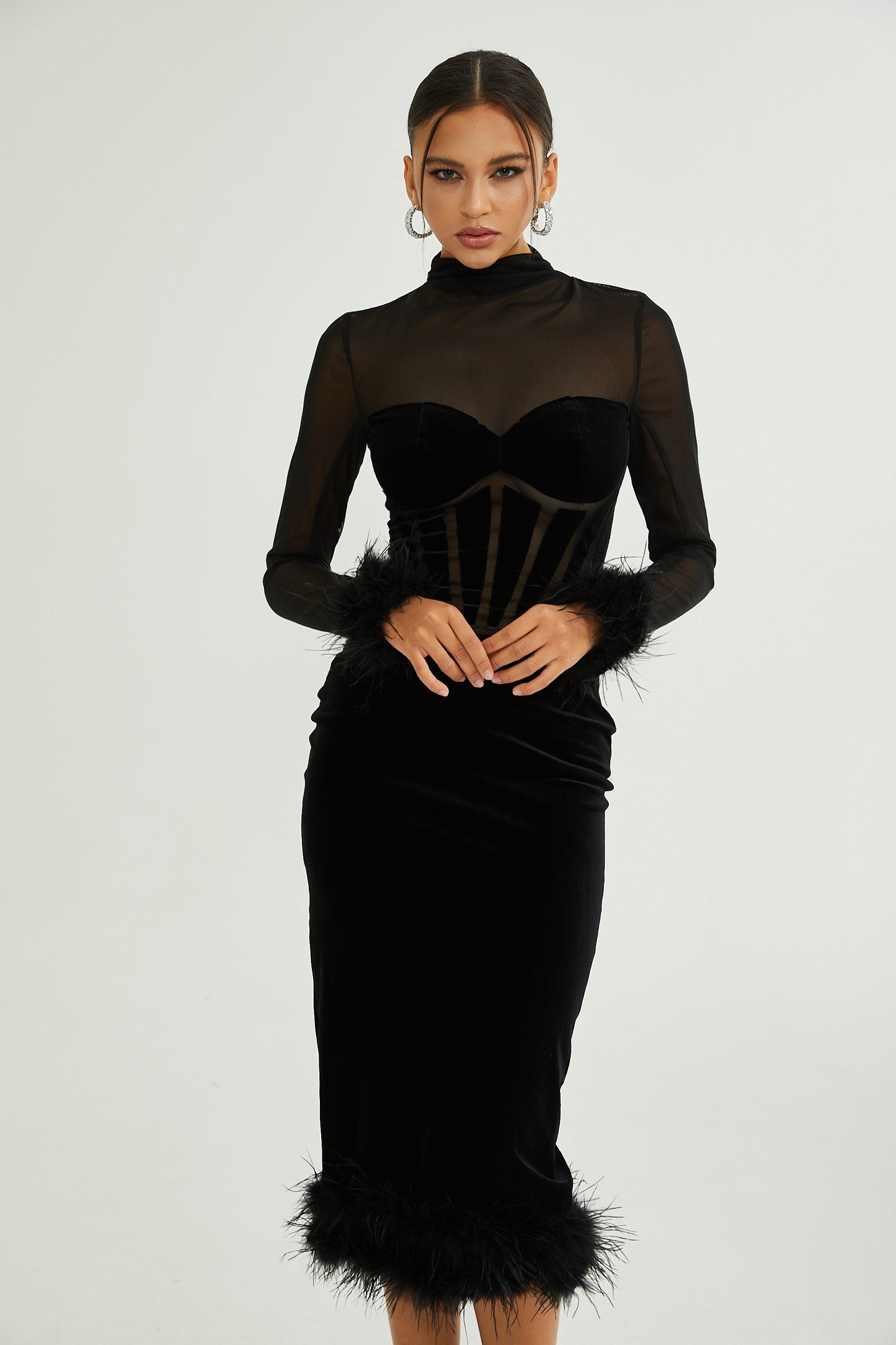 Jeanne feather-trim velvet midi dress