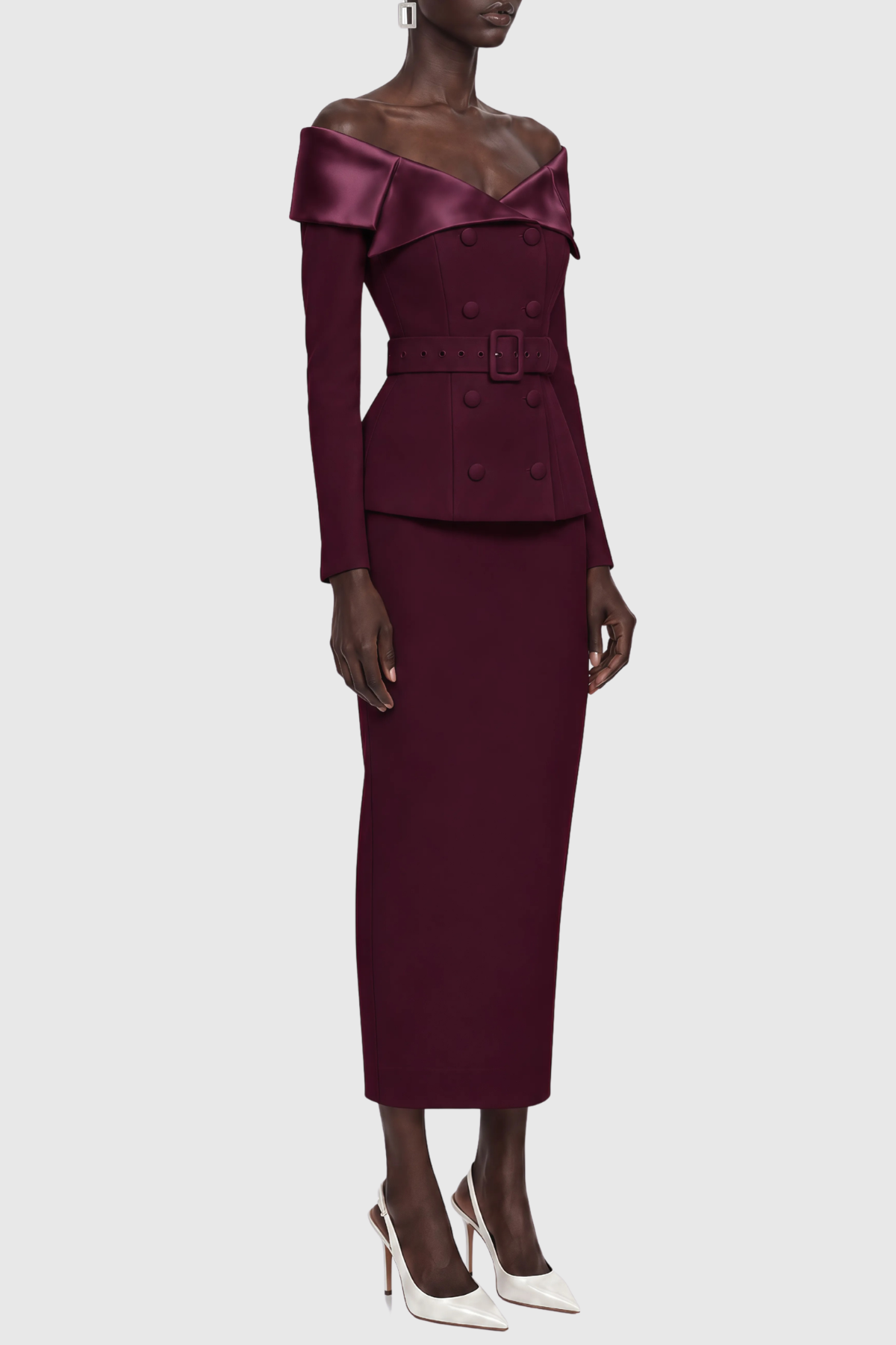 Cressida Off Shoulder Belted Blazer & Midi Skirt Set - Wine