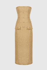 Elborno Gold Embellished Strapless Midi Dress