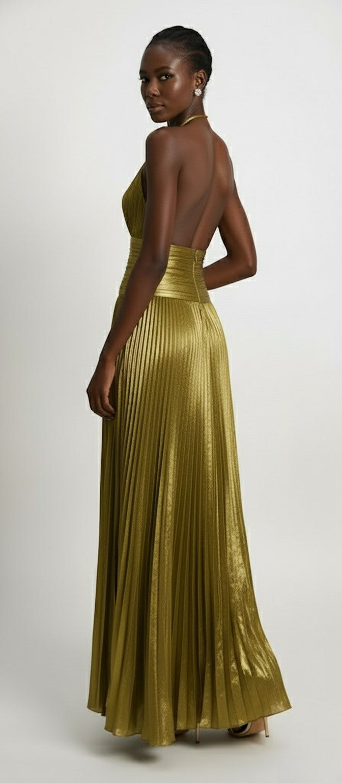 Gold Halter Backless Pleated Maxi Gown