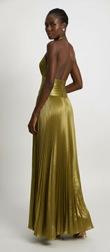 Gold Halter Backless Pleated Maxi Gown