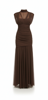 Sheer Turtleneck Mesh Maxi Gown