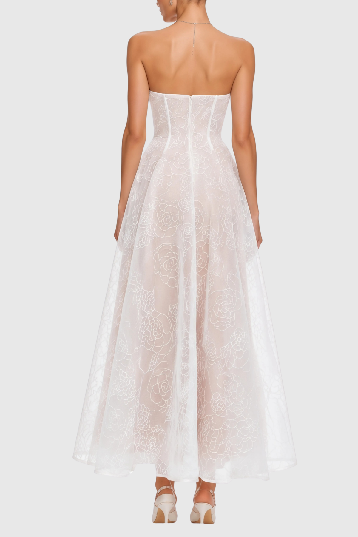 Jokeda Strapless Floral Embroidery Maxi Dress - White