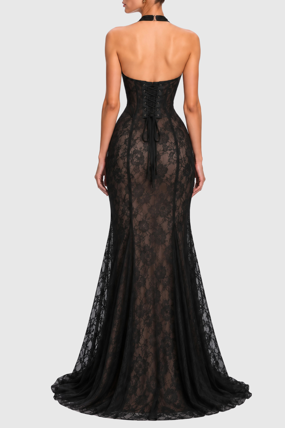Mafera Halter Lace Corset Cutout Maxi Dress - Black