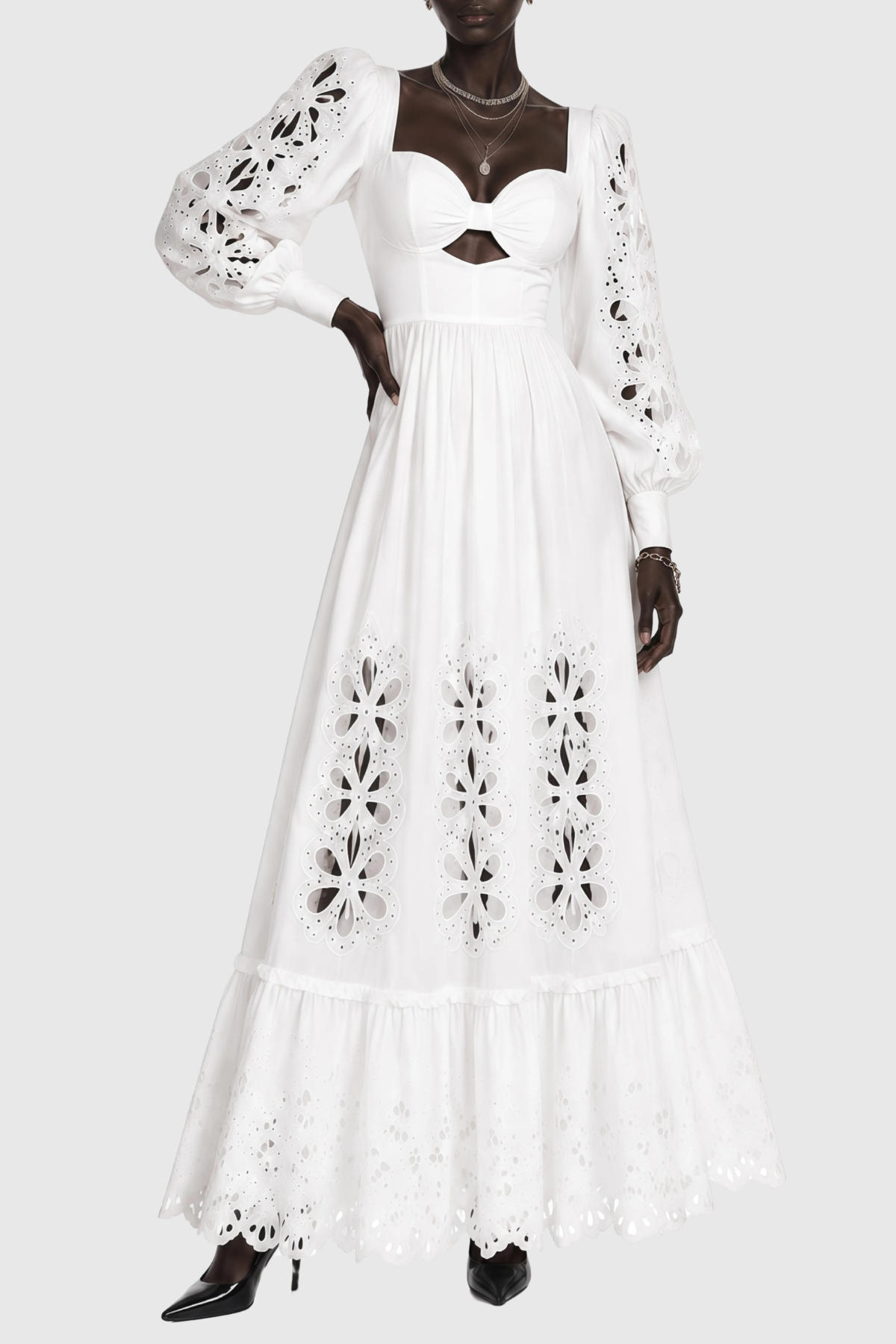 Noxia Floral Cutout Puff Sleeve Maxi Dress - White