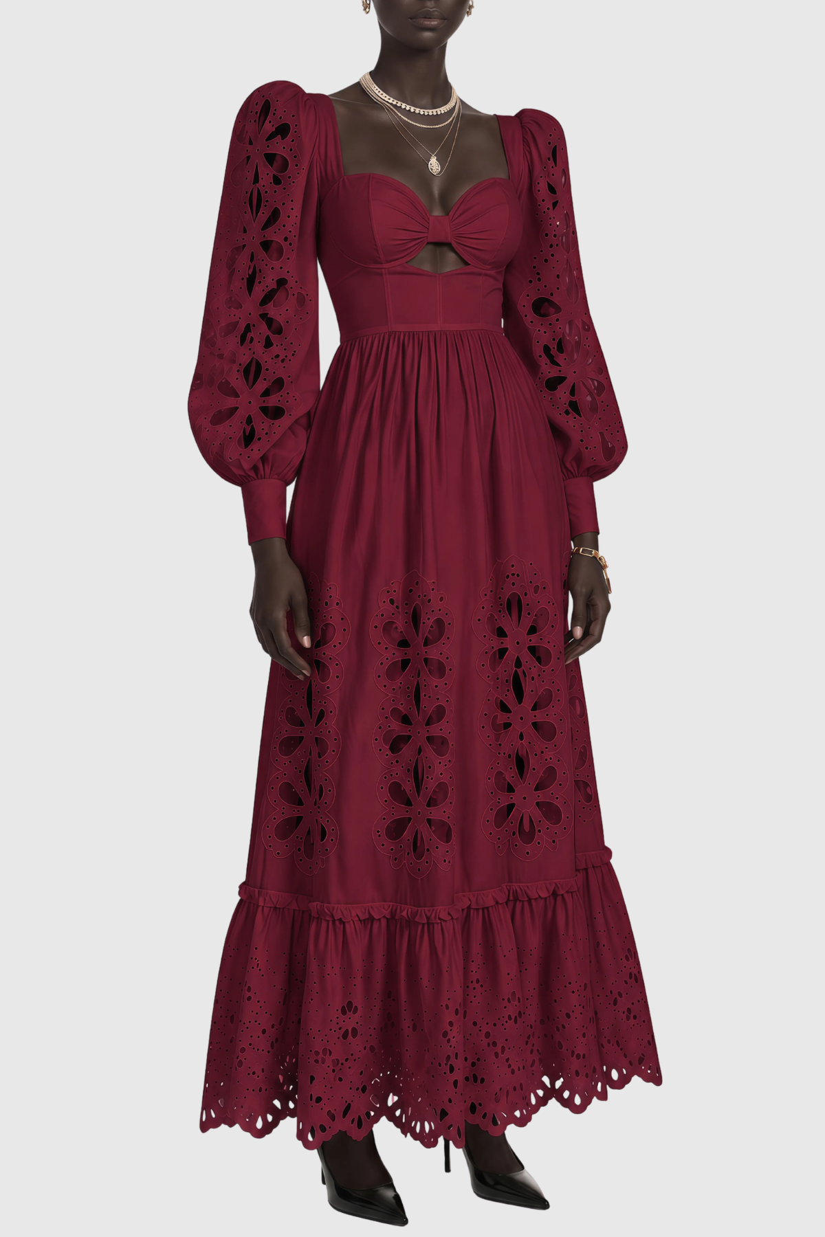Noxia Floral Cutout Puff Sleeve Maxi Dress - Wine