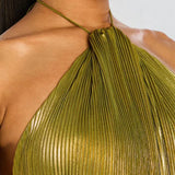 Gold Halter Backless Pleated Maxi Gown