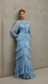 Woman Sexy O Neck Layered Ruffles Long Dresses