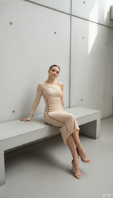 Women Sexy One Shoulder Hip Hugging Dress Long Sleeved Maison Celie