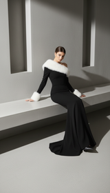 Sexy Women Faux Fur Long Sleeve Black Night Club Evening Party Dress 2025