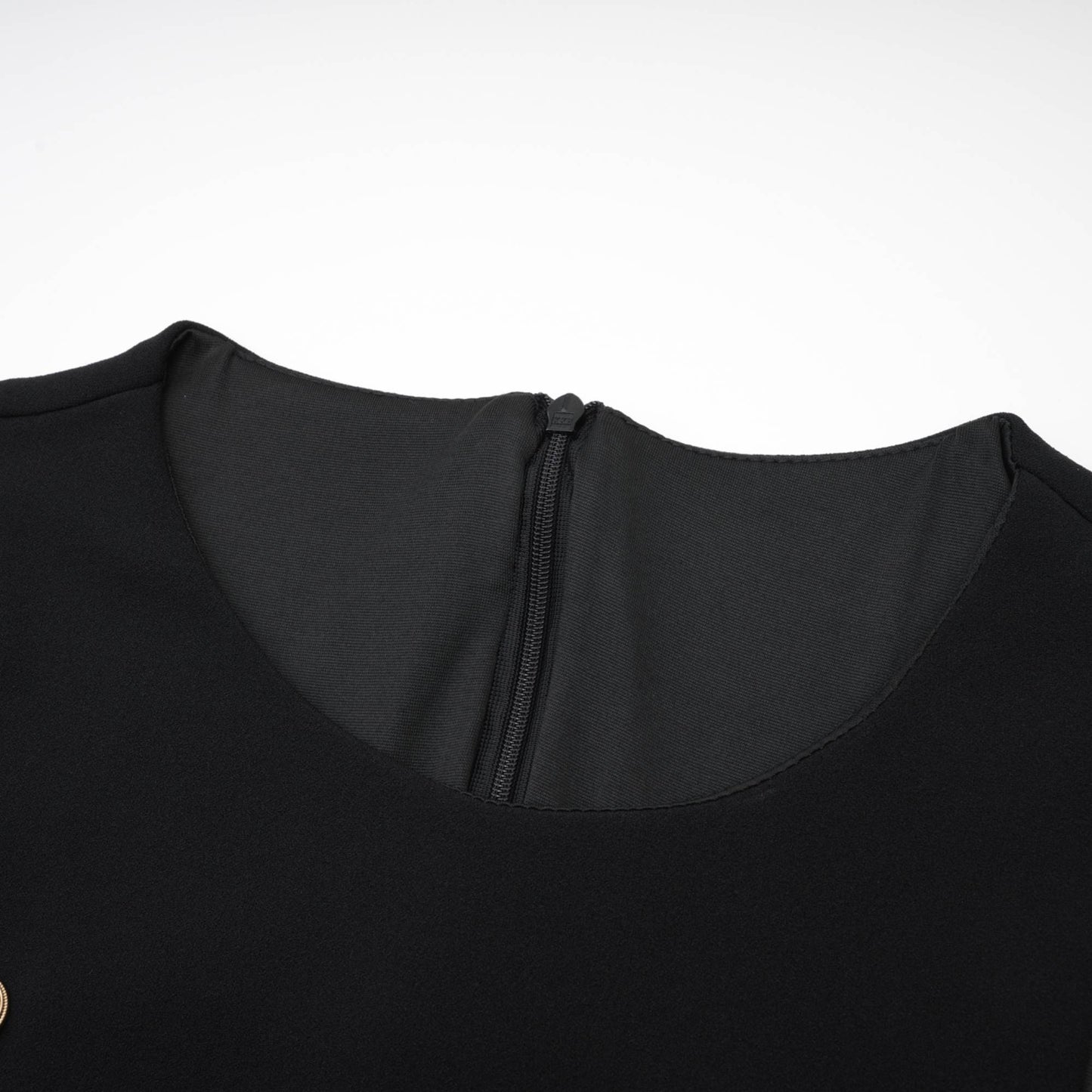 Cascade button-detail black mini dress