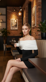 Maison Celie – Noir & Blanc Sculpted Off-Shoulder Mini Dress