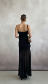 Maison Celie Noir Sheer-Hem High-Slit Strapless Gown