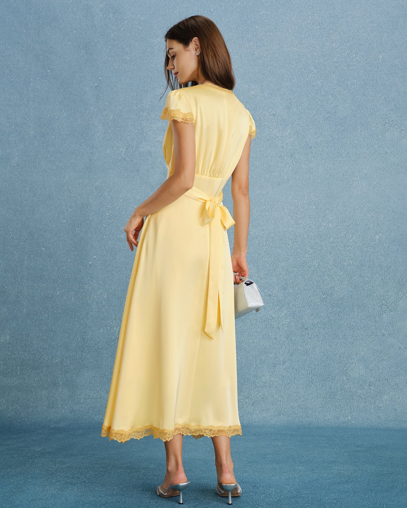 Yellow V Neck Lace Splicing Maxi Dress
