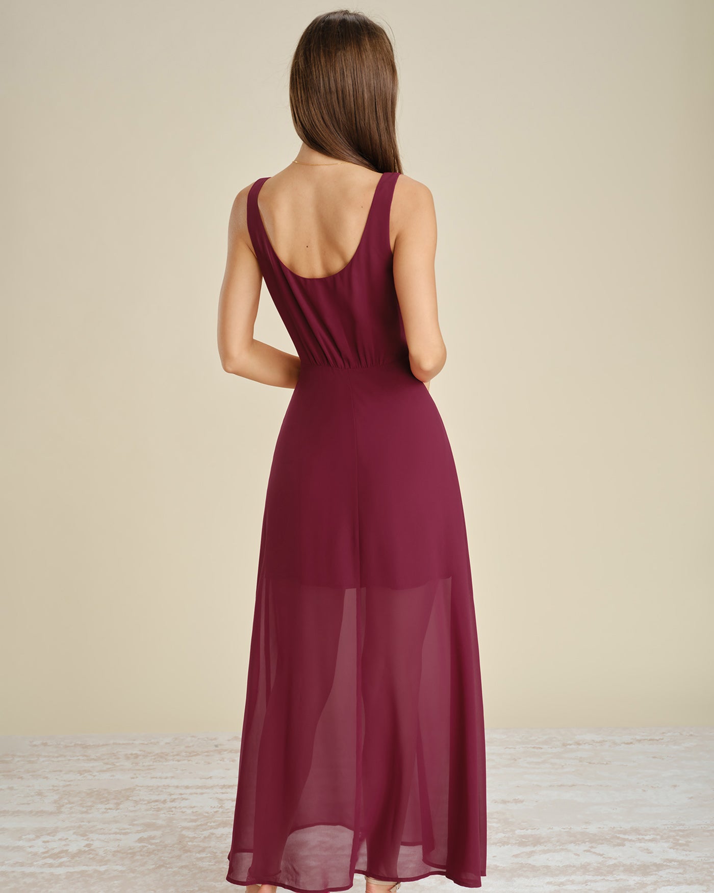 Wine Red Button Slit Chiffon Maxi Dress