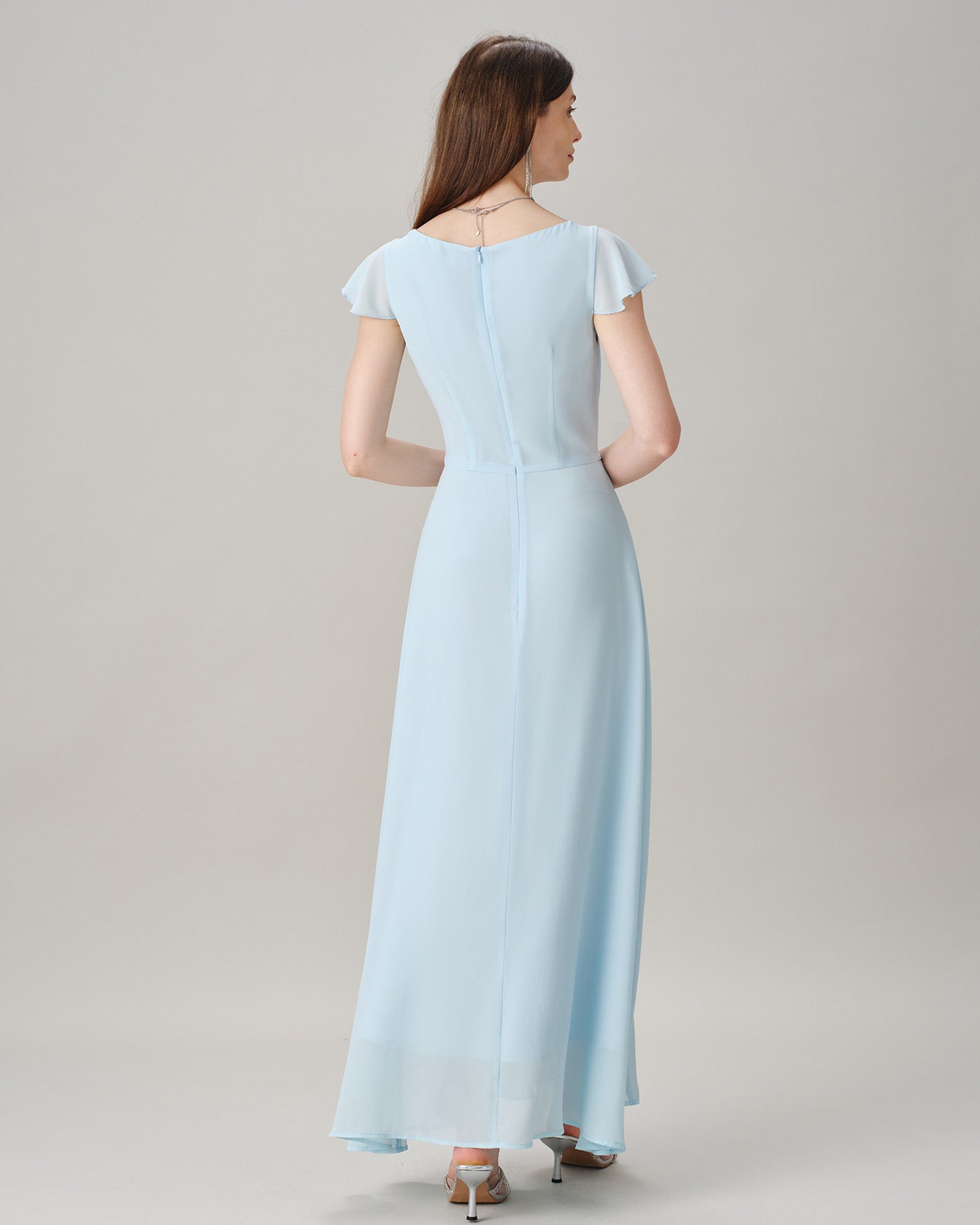 Blue Boat Neck Slit Chiffon Maxi Dress