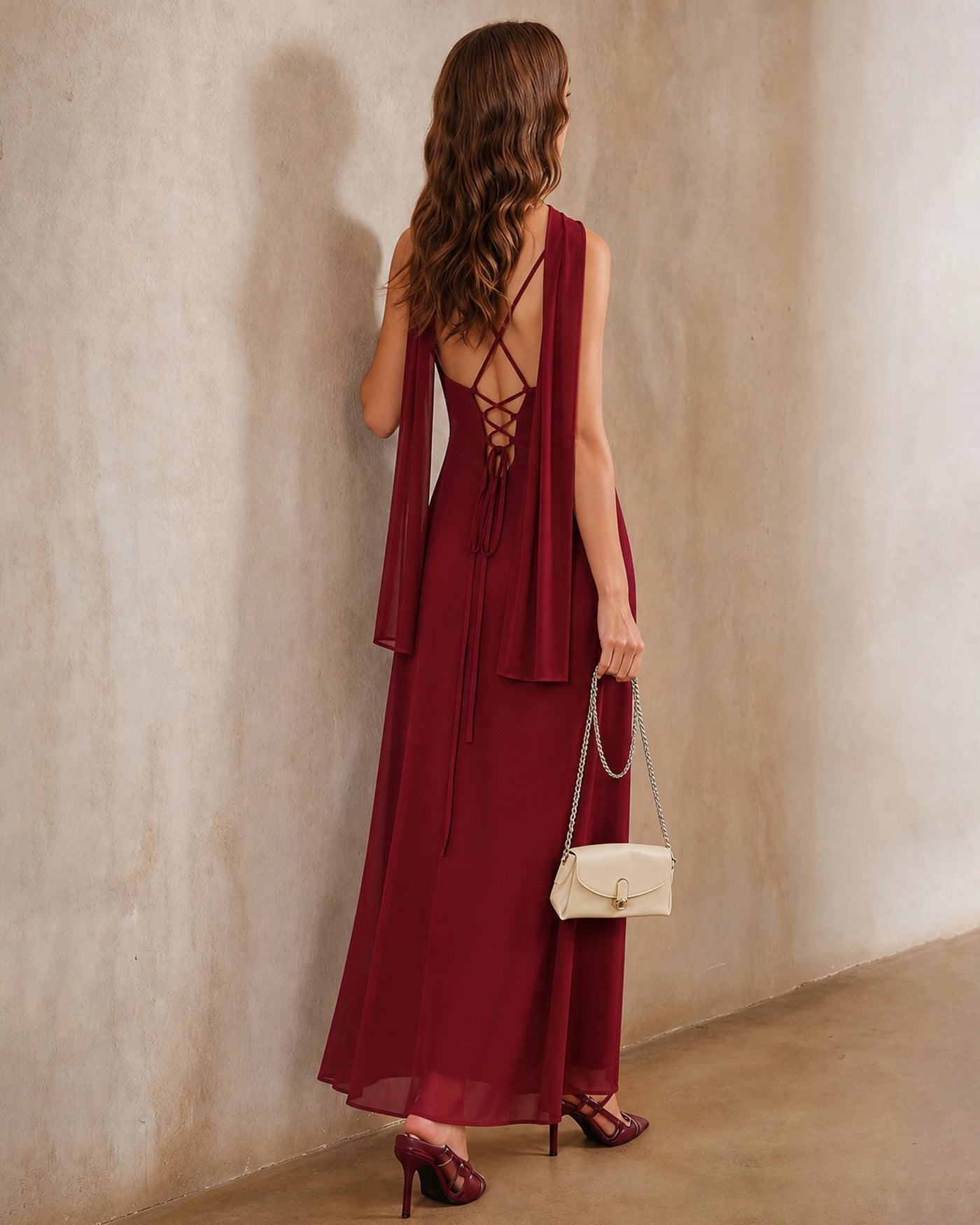 Red Backless Slit Chiffon Maxi Dress