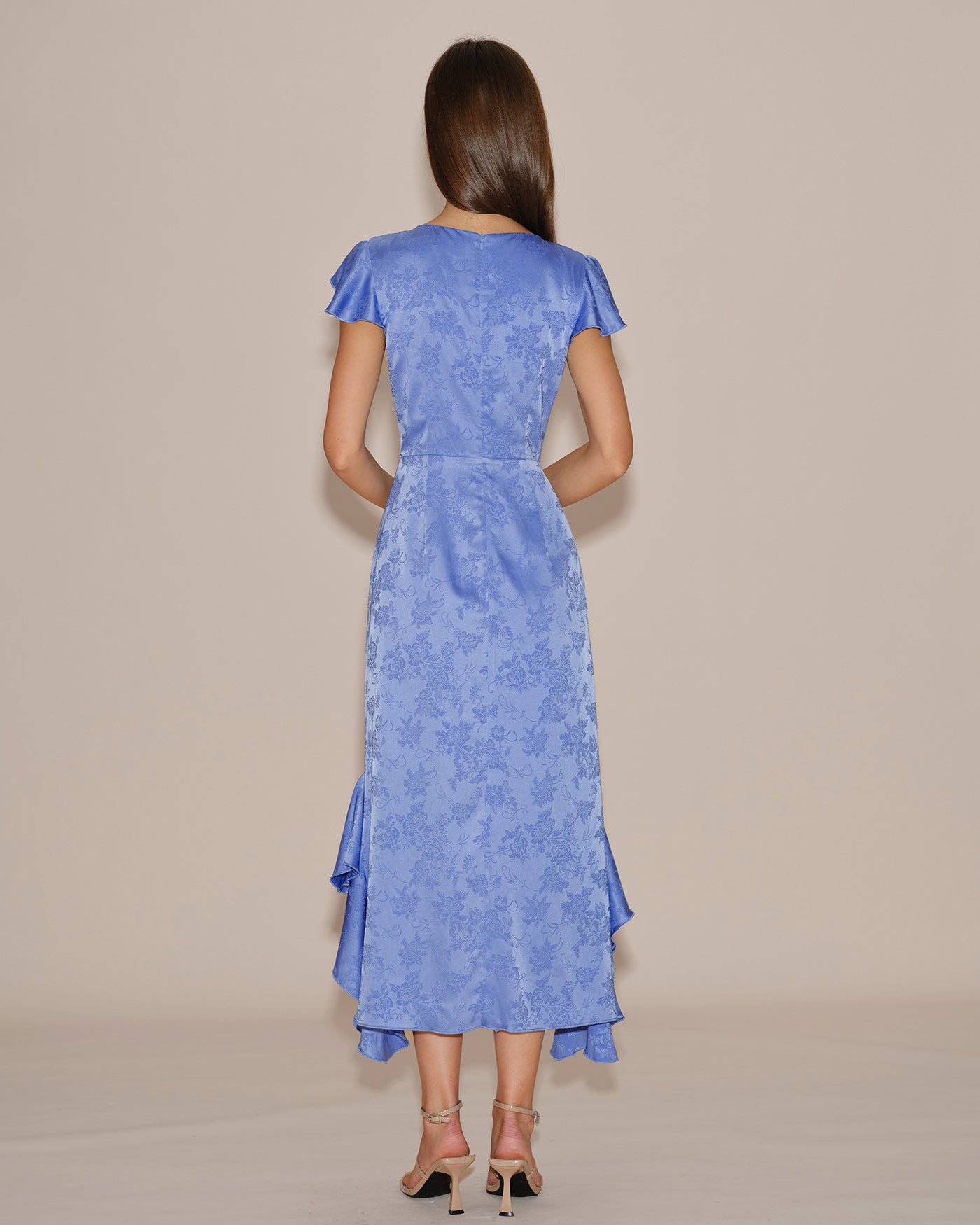 Blue Boat Neck Jacquard Ruffle Midi Dress