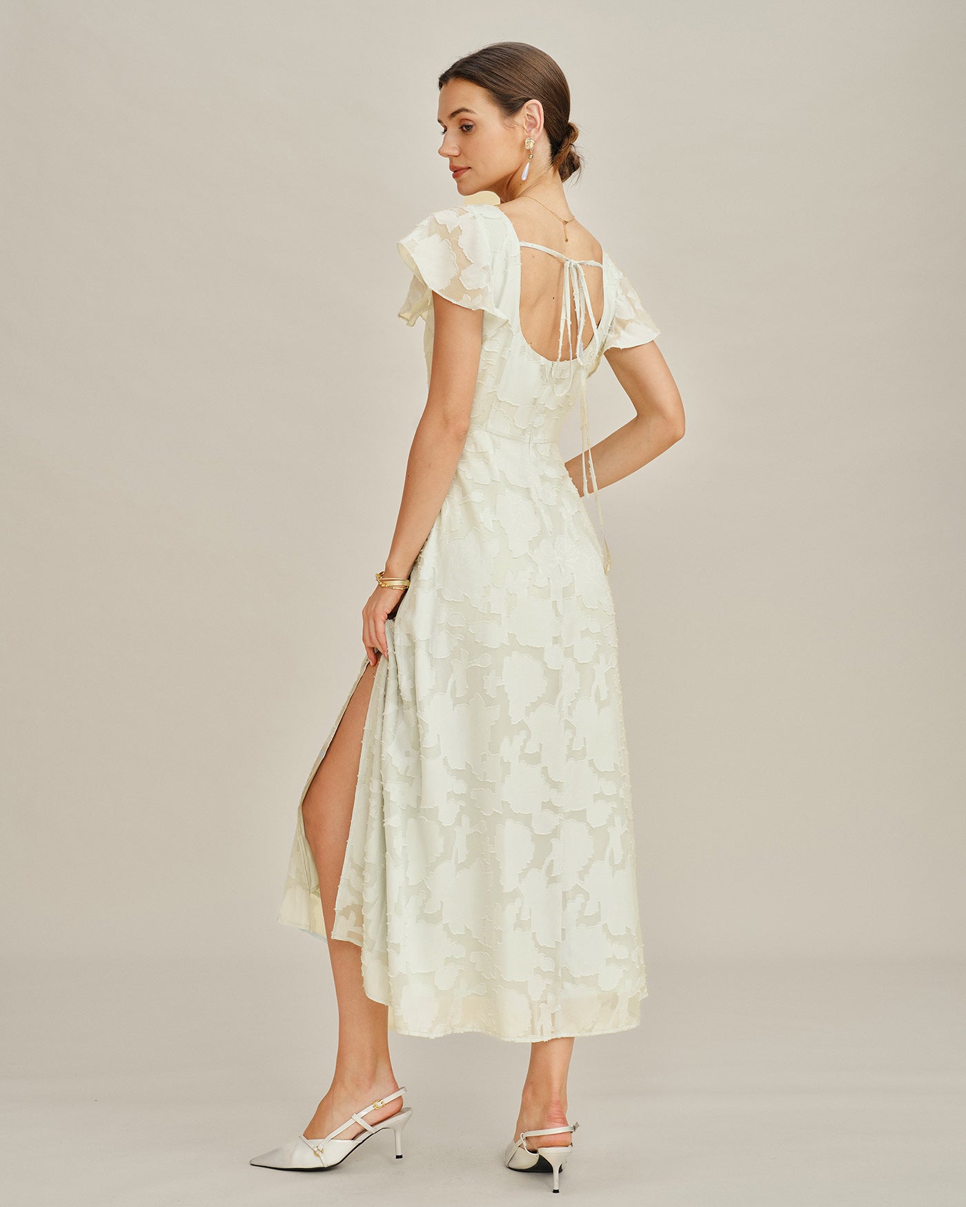 Beige Square Neck Jacquard Midi Dress