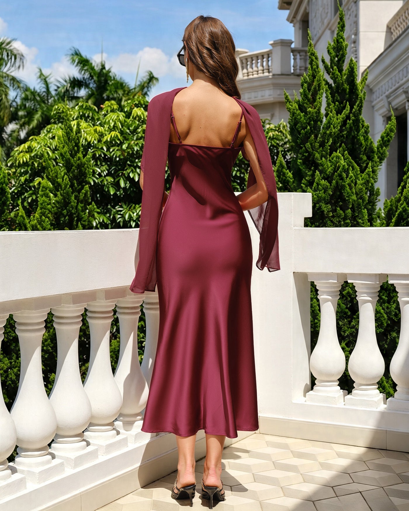 Wine Red Ruched Slip Satin Midi Dress