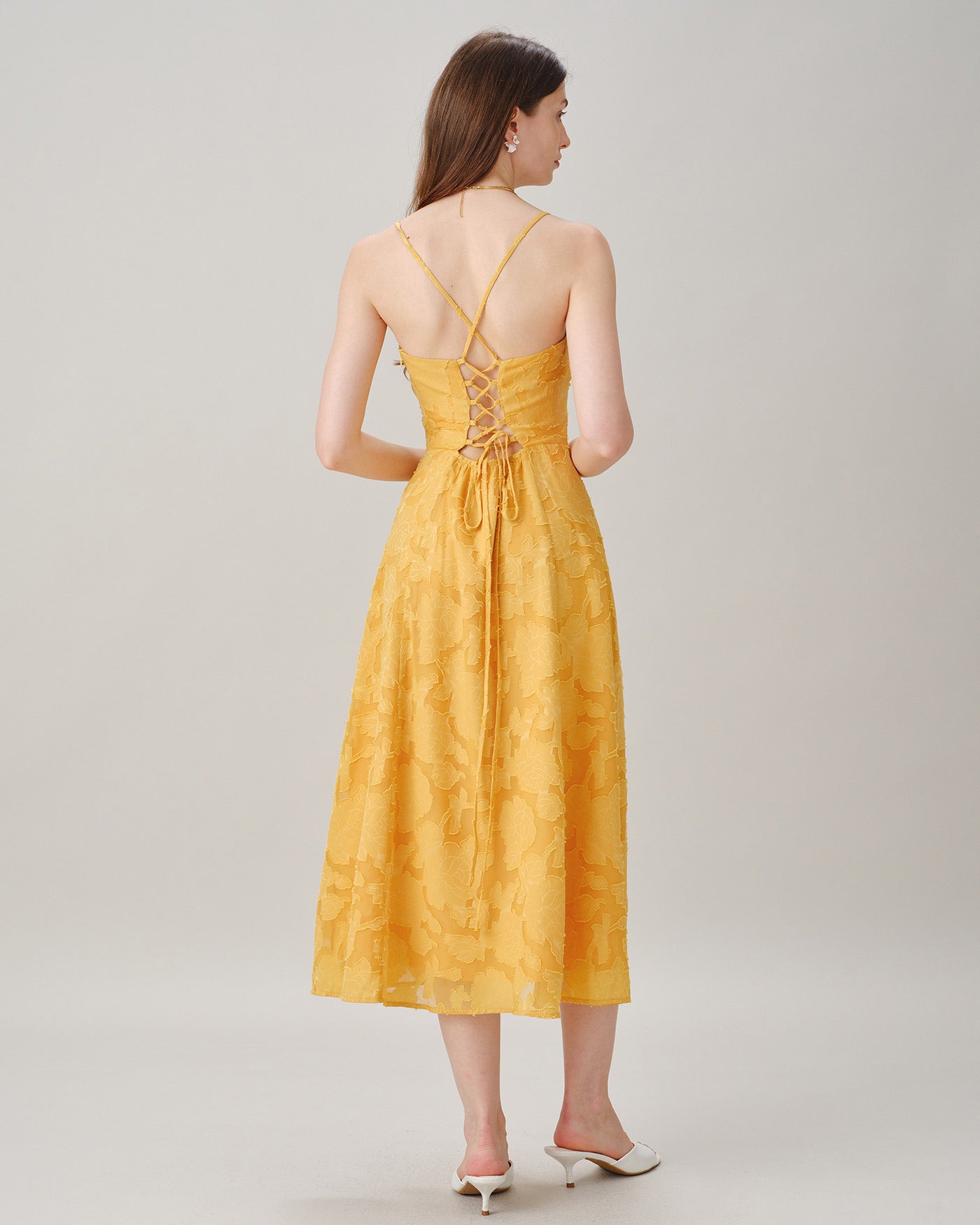 Yellow X Cross Jacquard Slip Midi Dress