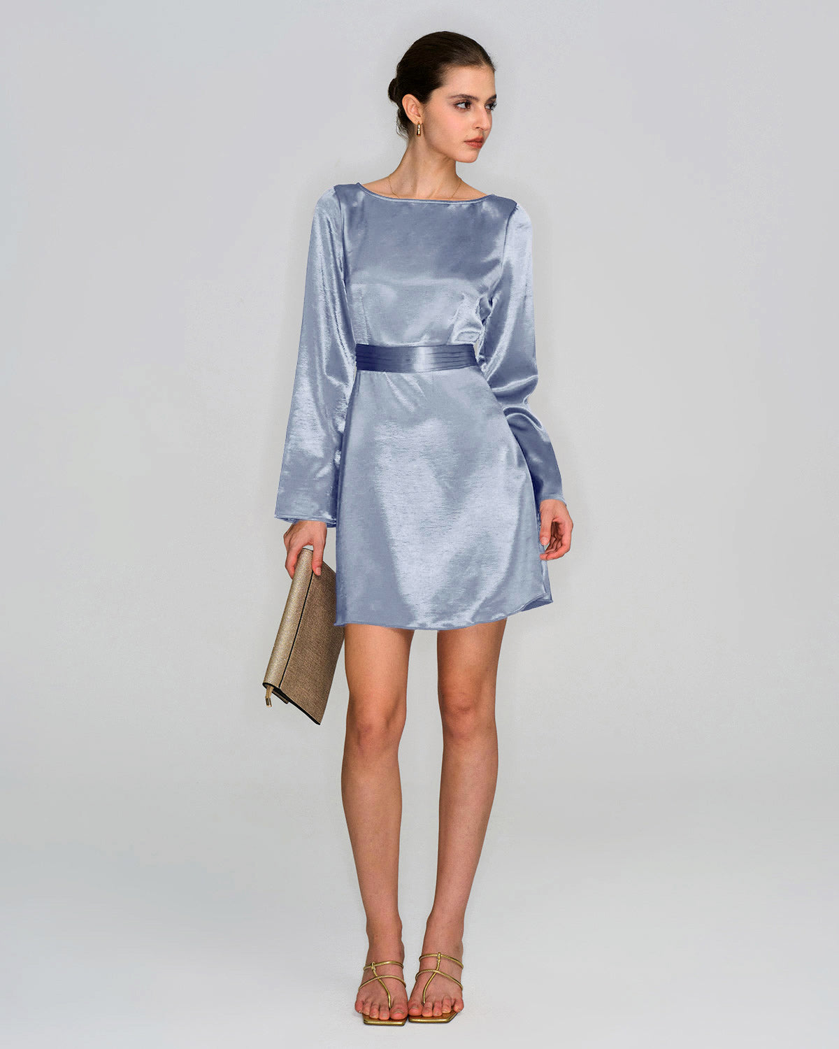 Blue Boat Neck Satin Mini Dress