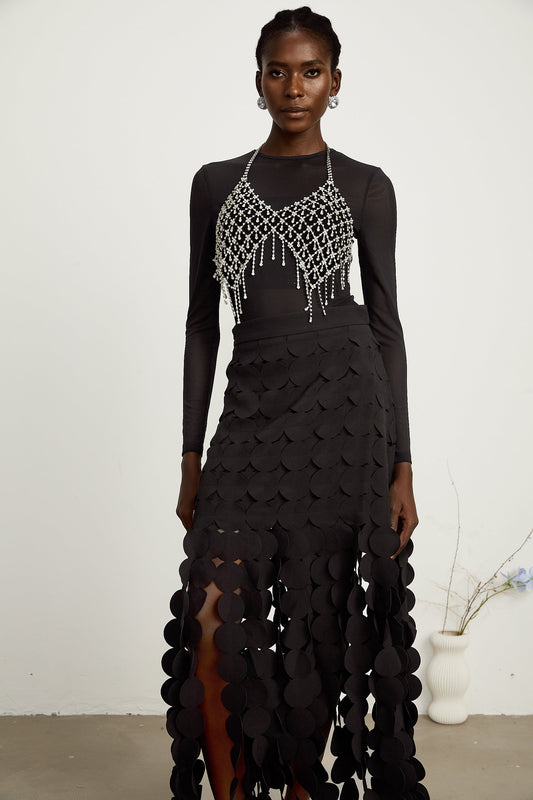 Hanna disc-design fringed maxi skirt in Black