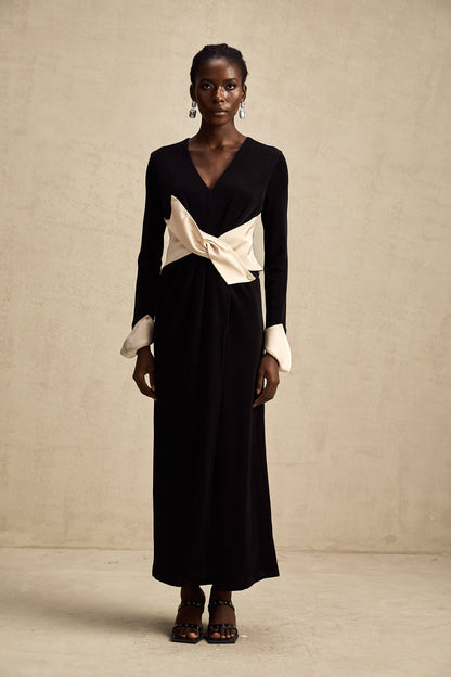 Karine contrast-color bowknot v-neck maxi dress