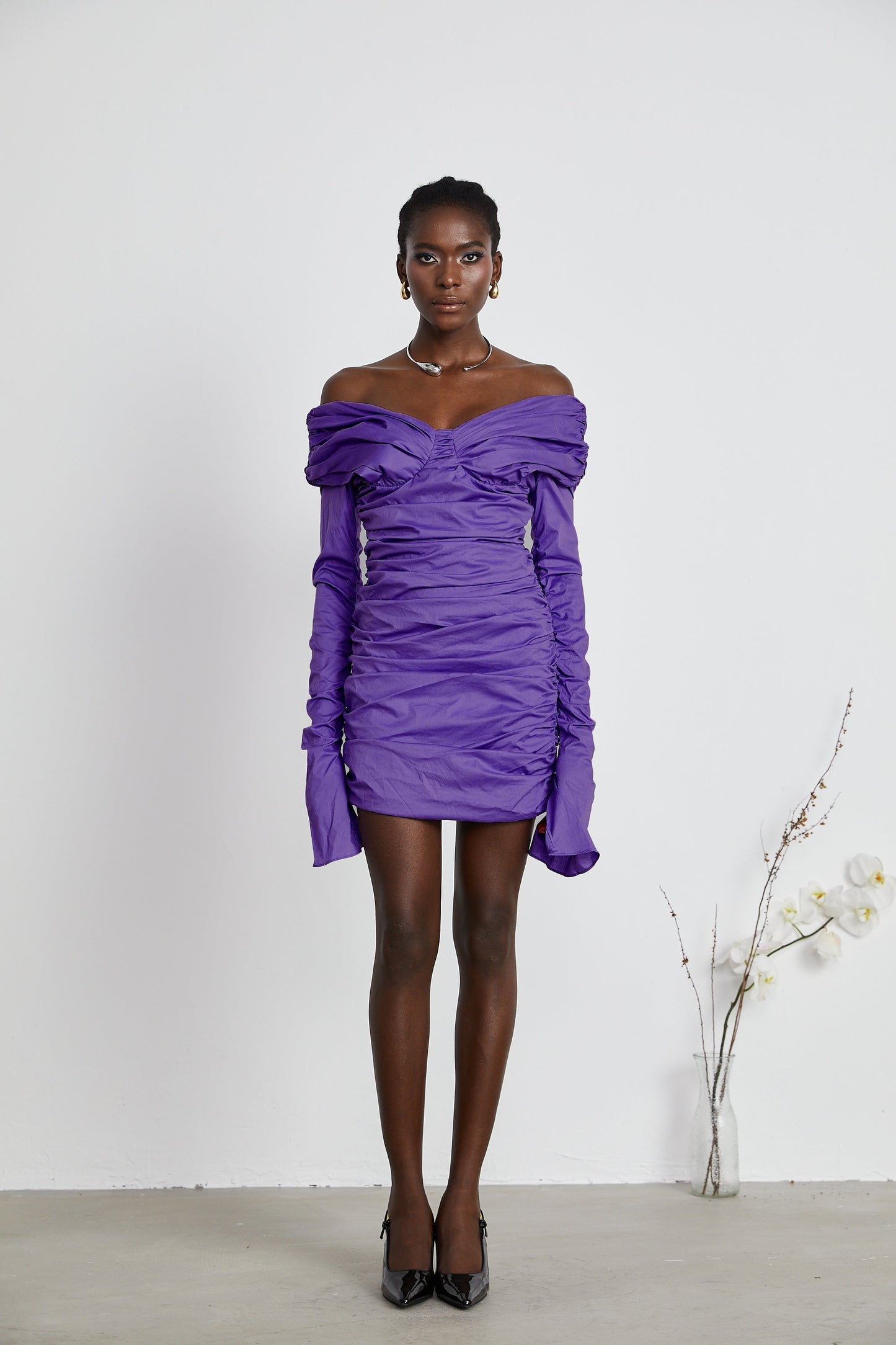 Apolline off-shoulder ruched mini dress