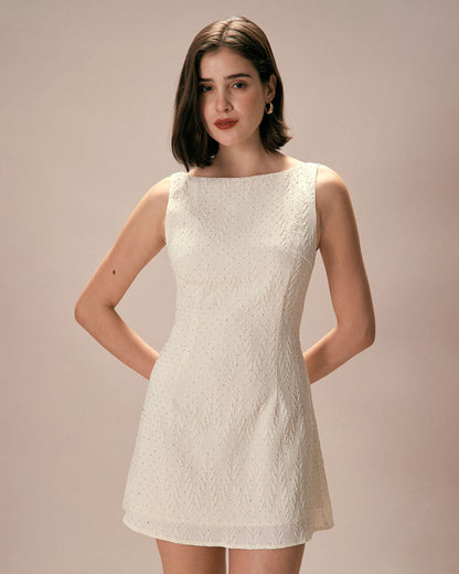 The Beige Boat Neck Textured Mini Dress Dresses - RIHOAS