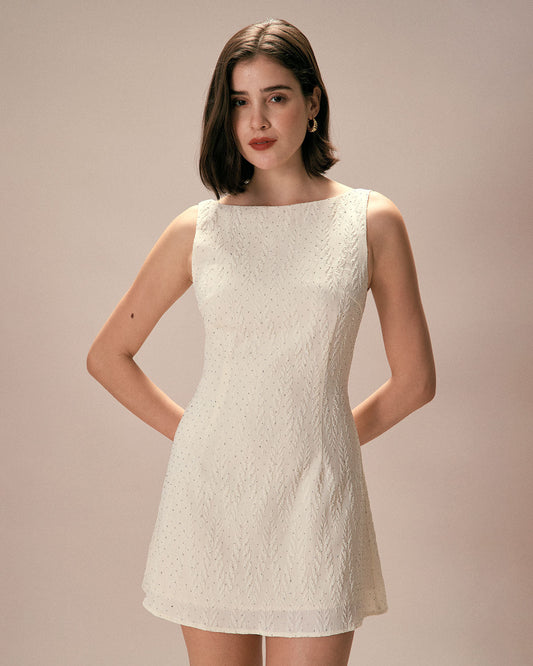 The Beige Boat Neck Textured Mini Dress Dresses - RIHOAS