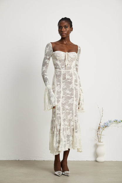 Marlene flared lace maxi dress in White