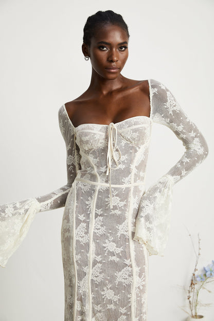Marlene flared lace maxi dress in White