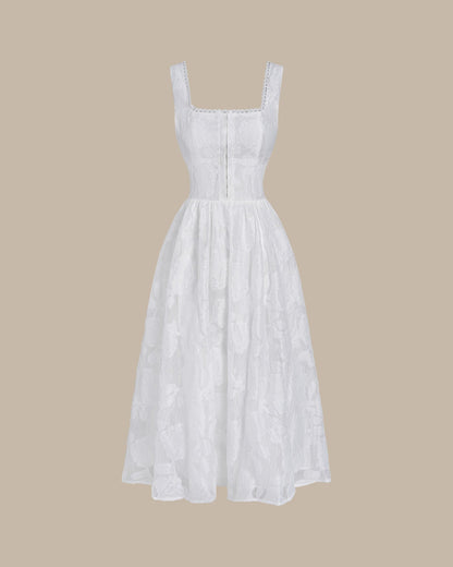 White Jacquard Shirred Slip Midi Dress