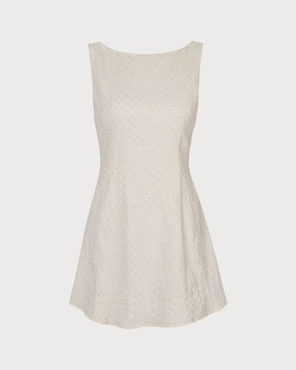 The Beige Boat Neck Textured Mini Dress