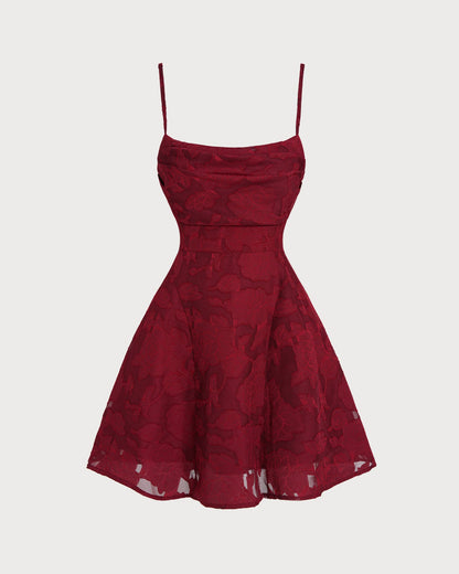 Wine Red Floral Backless Slip Mini Dress
