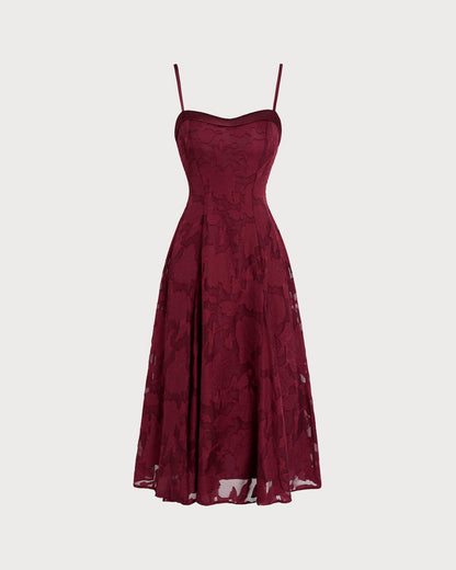 Wine Red Sweetheart Neck Jacquard Slip Midi Dress