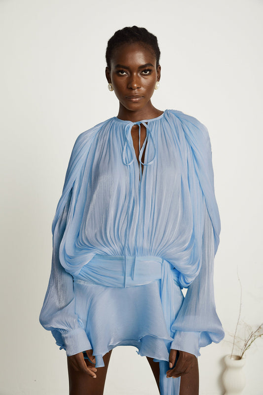 Eugénie fully-pleated ruffled mini dress in Blue